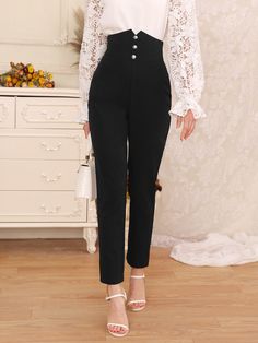 Black Elegant   Polyester Plain Straight Leg Embellished Non-Stretch Spring/Summer/Fall Women Bottoms Black High Waisted Pants, High Waisted Pants Outfit, Office Pants, Solid Color Pants, Cute Comfy Outfits, Women Pants