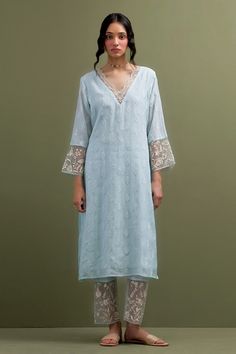 Blue kurta with thread embroidery and organza patch on the neck, sleeves and back. Paired with patchwork embroidered hem pant and grey embroidered dupatta. - Aza Fashions Blue Lace Work Kurta For Wedding, Traditional Blue Kurta With Lace Work, Festive Blue Kurta With Lace Work, Festive Blue Lace Work Sets, Festive Blue Pants With Chikankari Embroidery, Blue Kurta, Embroidered Hem, Pant For Women, Floral Patchwork