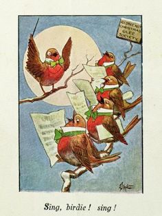 an old fashioned christmas card with birds singing