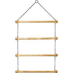 a metal and wood hanging bird feeder with three wooden bars attached to the top of it