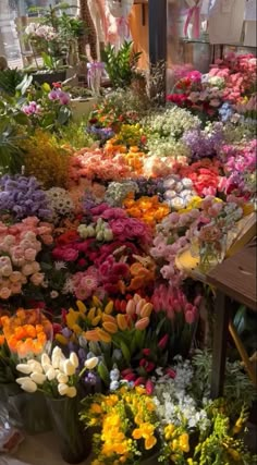 an assortment of colorful flowers are arranged in rows