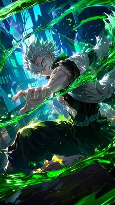 an anime character with white hair and green eyes is holding his hands out in the air