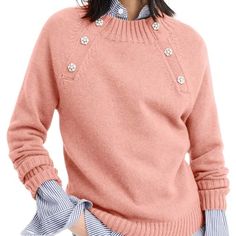 Crewneck Sweater With Jeweled Buttons Size Xxs Color Seashell Brand New With Tag Chic Pink Sweater For Work, Pink Crew Neck Sweater For Work, How To Wear Flannels, Work Sweaters, How To Wear Leggings, Jcrew Sweater, Outfits With Converse, Womens Crewneck, How To Wear Scarves