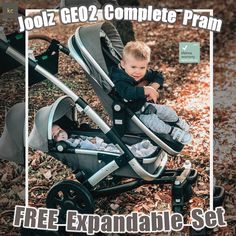 a baby sitting in a stroller with the text zooz geo 2 complete pram free expandable set