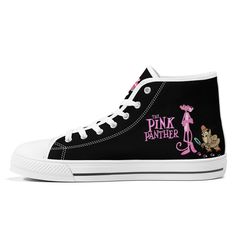 Looking for a stylish and unique pair of shoes that are sure to turn heads? Look no further than our Pink Panther high-top canvas shoes! Crafted with the utmost attention to detail, these sneakers feature a striking Pink Panther design that is sure to make a statement wherever you go. Whether you're looking for a gift for her or for him, these sneakers are the perfect choice. Not only do these shoes look great, but they're also incredibly comfortable to wear. The high-top design provides extra s Panther Design, Skater Shoes, Animal Shoes, Shoe Crafts, Converse Style, Summer Sneakers, Pink Panther, Sneakers Mode, Shoes Pink