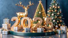 a christmas tree and presents in front of a sign with the numbers 2055 on it