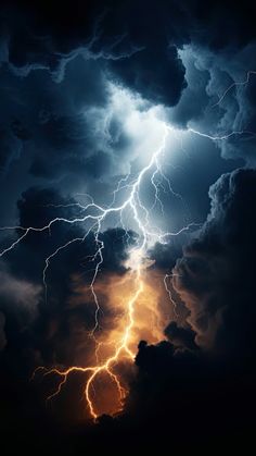 lightning striking through the sky with clouds in the background