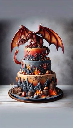 a three tiered cake with a dragon on top and mountains in the back ground