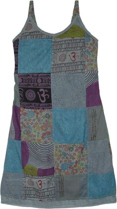 A mixed patchwork cotton short-dress in grey with blue and a few patches black for your hippie wardrobe.  Beautiful ethnic and colorful patches are handpicked and then placed together in a way that brings out the best of each individual patch and makes it a stylish fashion clothing. #tlb #Sleeveless #Patchwork #JuniorPetite #vacationclothing #Floral #Printed #patchworkdress #cottonkneelengthbohodress #petitehippiedress Cotton Patchwork Dress For Festival, Blue Patchwork Hippie Dress, Blue Hippie Patchwork Dress, Blue Patchwork Dress For Festival, Funky Clothes, Cotton Short Dresses, Sleeveless Cotton Dress, Grey Dresses, Hippie Dress