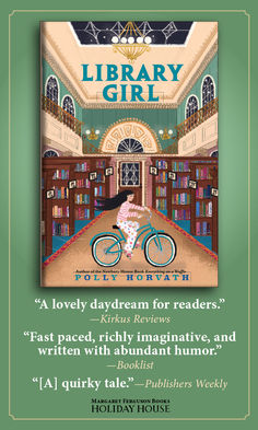 the library girl book cover with an illustration of a woman riding a bike in front of bookshelves