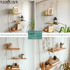 three pictures of hanging shelves with plants and books