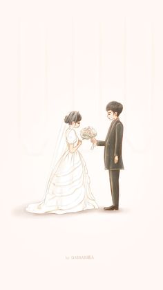 a drawing of a bride and groom holding each other's hands while standing next to each other