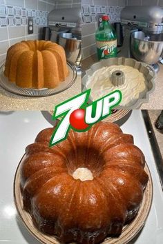 two bundt cakes sitting on top of a stove next to each other with 7up stickers