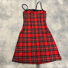 New With Tags Has A Built In Bra As Pictured, Can Be Removed. Underarm To Underarm 17.5” Waist Lying Flat 15.5” Underarm To Bottom Hem 32.75” Ii36 Red Summer Punk Dress, Fitted Vintage Plaid Mini Dress, Fitted Plaid Vintage Mini Dress, Red Y2k Mini Dress, Y2k Red Mini Dress, Vintage Red Mini Dress For Fall, Casual Mini Dress For Alternative Fashion, Satin Leggings, Steampunk Corset Dress