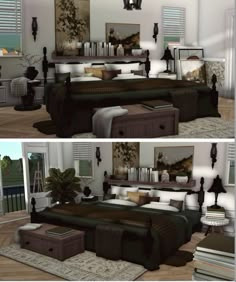 two pictures of a living room with couches and tables