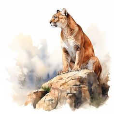 a watercolor painting of a mountain lion sitting on top of a rocky outcrop