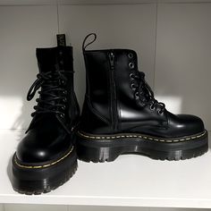 Wore Maybe Twice But For A Short Time. No Creases Or Use On Treads. On Right Show Is A Scuff On The Side Heel (See Pics), But Otherwise In Excellent-Like New Condition. No Box. But Will Be Packed Very Well To Ship. Grunge Combat Boots, Platform Boots Aesthetic, Doc Marten Platform, Emo Boots, Platform Leather Boots, Dr Martens Jadon, Shoes Dr Martens, Dr Martens Shoes, Martens Shoes