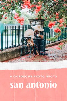 a person sitting on a bench with an umbrella in front of them and the caption says, 6 gorgeous photo spots san antonio