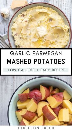 garlic parmesan mashed potatoes in a bowl with text overlay