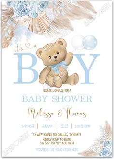 a baby shower with a teddy bear on it's chest and blue flowers in the background