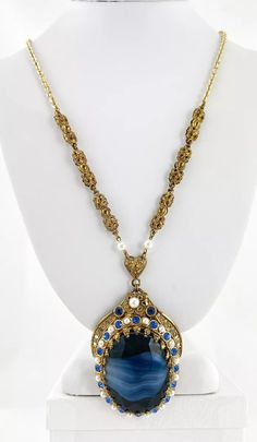 Western Germany Blue Givre Glass Blue Rhinestones Faux Pearls Filigree Necklace | eBay Blue Rhinestone Necklaces For Evening, Blue Rhinestone Necklace For Evening, Elegant Blue Jeweled Necklaces, Blue Jeweled Jewelry For Evening, Vintage Blue Rhinestone Jewelry, Chain And Pendant, Chain Necklaces, Blue Rhinestones, Glass Necklace