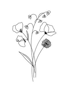 a black and white drawing of flowers on a white background