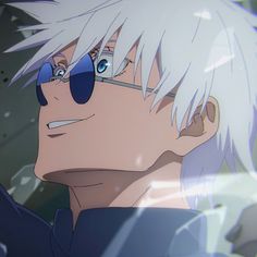 an anime character with white hair and blue eyes looking off to the side, wearing sunglasses