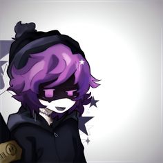 an anime character with purple hair and black clothes