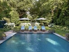 an outdoor swimming pool with lounge chairs and umbrellas in the middle, surrounded by greenery