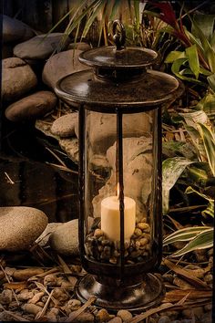 a candle is lit in a glass lantern on the ground next to rocks and plants