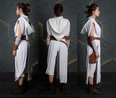 three different views of the back of a woman in star wars costumes, standing against a wall