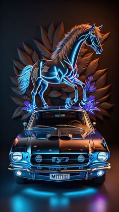 a car with a horse on the hood is shown in front of a black background