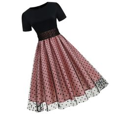 Polka Dot Tulle Overlay Pin Up Dress. Fit And Flare. Polyester. Special Order Delivery 7-21 Days Styles: Swing Dance Vintage 1950s Pinup 50's Rockabilly Party Pink A-line Dress With Lace Patchwork, Pink Lace Patchwork Midi Dress For Party, Fitted Pink Midi Dress With Lace Patchwork, Black Midi Dress With Lace Patchwork, Polka Dot A-line Party Dress, Fitted Polka Dot Feminine Dress, Fitted Feminine Polka Dot Dress, Polka Dot Short Sleeve Evening Dress, Feminine Fitted Polka Dot Dress