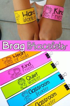 two children's wristbands with the words brag bracelets written on them