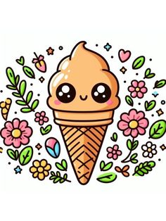 an ice cream cone with eyes and flowers around it