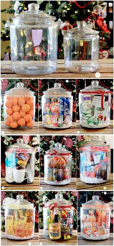 several pictures of different types of food in glass containers on a table next to a christmas tree