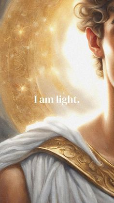 a painting of a woman wearing a white dress and gold trim around her neck, with the words i am light above her head