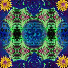 an abstract design with sunflowers in the center and blue, yellow and green colors