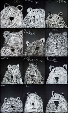 several pictures of polar bears drawn with chalk and crayon pencils on black paper