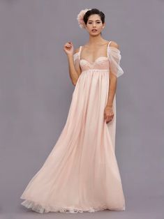 Guinevere Blush Empire Wedding Gown Elegant Maxi Dresses, Empire Waist Gown, Beaded Wedding Gowns, Empire Wedding Dress, Dresses For Summer, Fancy Frocks, Organza Flowers, Elegant Maxi Dress, Flower Headpiece