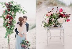 a bride and groom standing next to each other in front of a chair with flowers on it