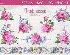 pink roses and blue flowers are on the white background for this digital clipart set