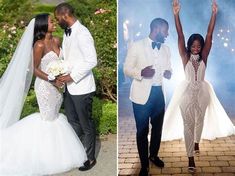 the newly married couple are posing for pictures and holding sparklers in their hands as they walk down the aisle