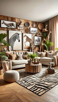 an animal themed living room with zebras and giraffes on the wall