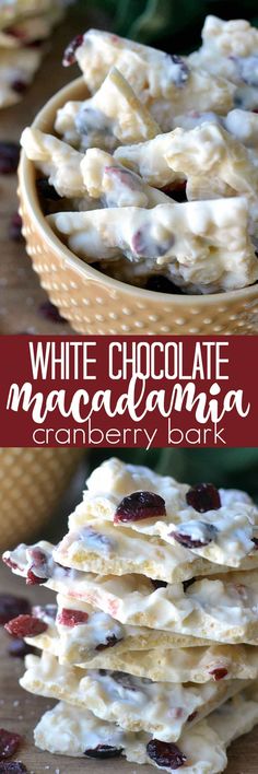 white chocolate macadamea cranberry bark is stacked on top of each other