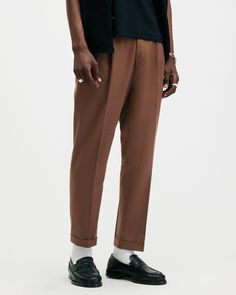 Tallis Slim Fit Cropped Tapered Pants BLUNT BROWN | ALLSAINTS US Outfit Ideas Oversized, London Mens Fashion, Canvas Pants, Tapered Trousers, Tattoo Sleeve, Tapered Pants, Sweatshirt Shirt, Cotton Wool, Sweater Sale