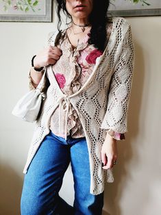 Retro Y2K beige cream sheer long tie up cardigan Soft and cozy fabric, nice cardi for all seasons! Cardigan is in great vintage condition. SIZE. Model usually wears UK 10-12 / S-M / US 6-8, item could fit UK 12 / M / US 8. Please, check the measurements before buying. MEASUREMENTS: bust - 98 cm, length - 82 cm. Item is made of 100% acrylic. Color may differ slightly depending on the color calibration of the device you're viewing on. If You have more questions about products or shipping, please d Beige Wrap Cardigan For Summer, Feminine Beige Long Sleeve Cardigan, Summer Beige Wrap Cardigan, Cream Long Sleeve Summer Cardigan, Cream Long Sleeve Cardigan For Summer, Vintage Summer Cardigan For Layering, Chic Long Beige Cardigan, Feminine Beige Cardigan For Spring, Bohemian Beige Cardigan For Layering