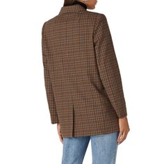 Brown houndstooth printed polyester (49% Polyester, 49% Viscose, 2% Elastane). Blazer jacket. Long sleeves. Front button placket. Front pockets. 30.5" from shoulder to hemline. Imported. Business Plaid Outerwear With Patch Pockets, Long Sleeve Outerwear With Welt Pockets, Career Long Sleeve Outerwear With Welt Pockets, Career Outerwear With Long Sleeves And Welt Pockets, Plaid Outerwear With Patch Pockets For Business Casual, Plaid Tweed Jacket With Concealed Placket, Tailored Plaid Outerwear With Patch Pockets, Plaid Tweed Jacket With Long Sleeves, Houndstooth Tweed Jacket With Lapel Collar For Work