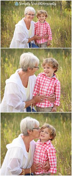 an older woman holding a child in her arms and smiling at the camera, with three pictures