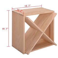 a wooden shelf with measurements for the top and bottom section, including one side open